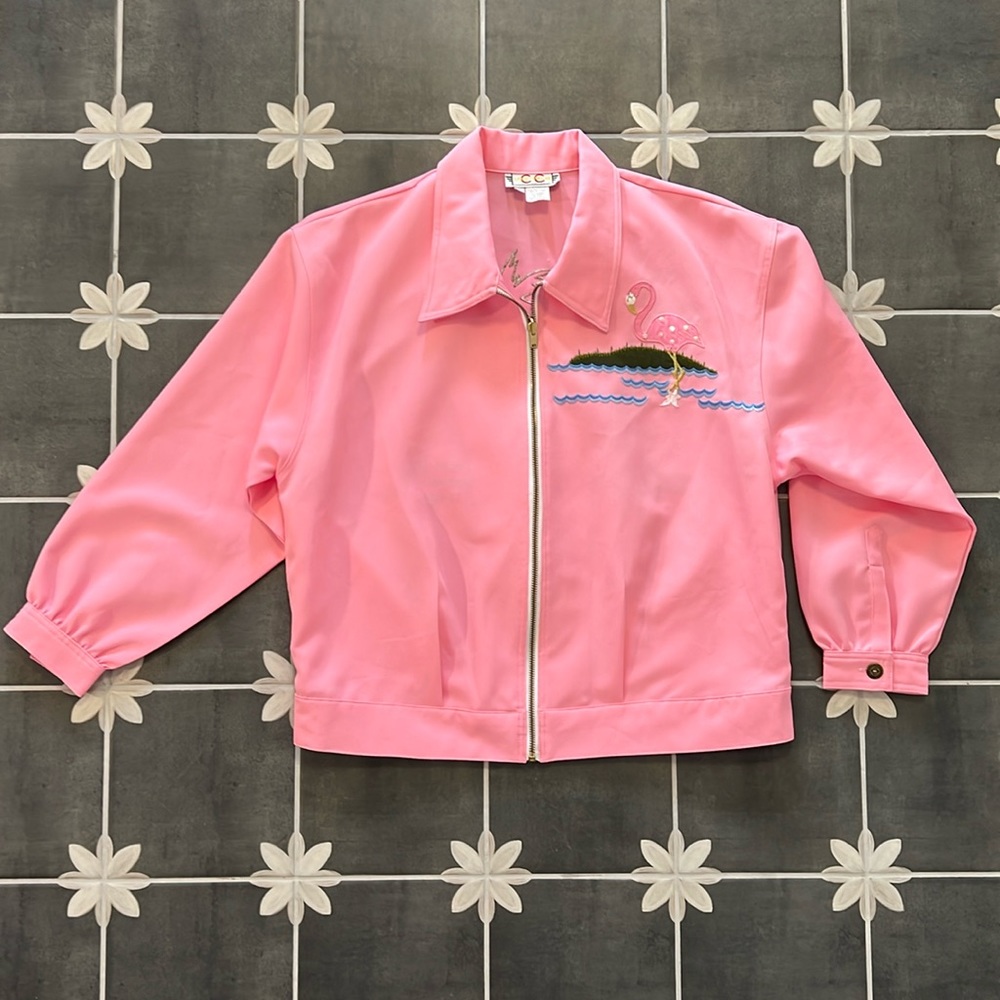 Vintage flamingo bubble gum pink bomber jacket